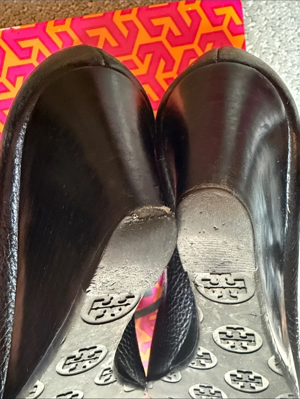 Tory Burch Women's Sally 2 Black Tumbled  Leather Peep Toe Wedges w/ Silver Logo